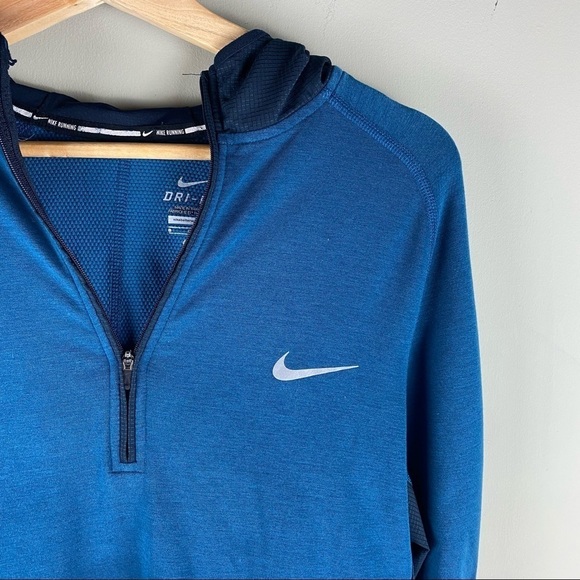 Nike: Dri-Fit Men's Running Athletic 1/4 Zip Up Hooded Pullover Shirt Blue Small - Picture 3 of 9